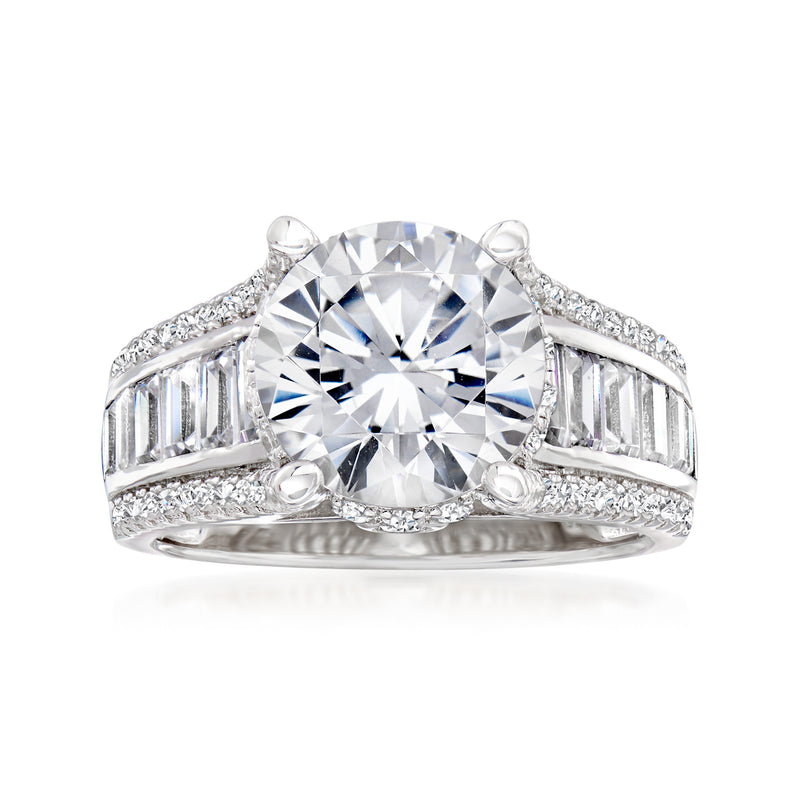 Sterling silver CZ ring with large round clear center stone and baguette side stones