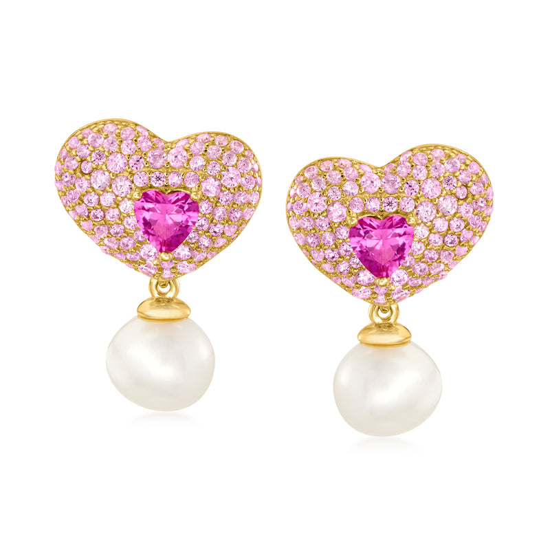 Pink CZ heart drop earrings with white pearl drops in gold-tone setting