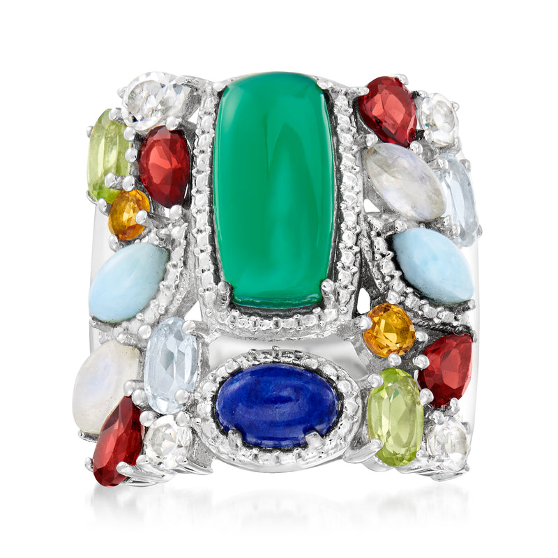 Sterling silver multi-gemstone ring with rectangular green center and oval side stones
