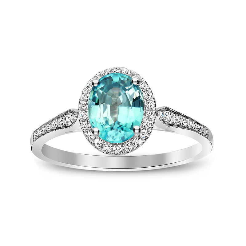 14kt white gold ring with oval aqua-blue zircon and diamond halo, slim band