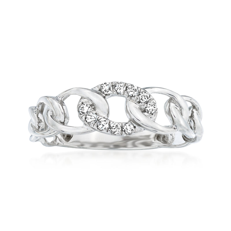 Diamond link ring in 14kt white gold with round diamond cluster