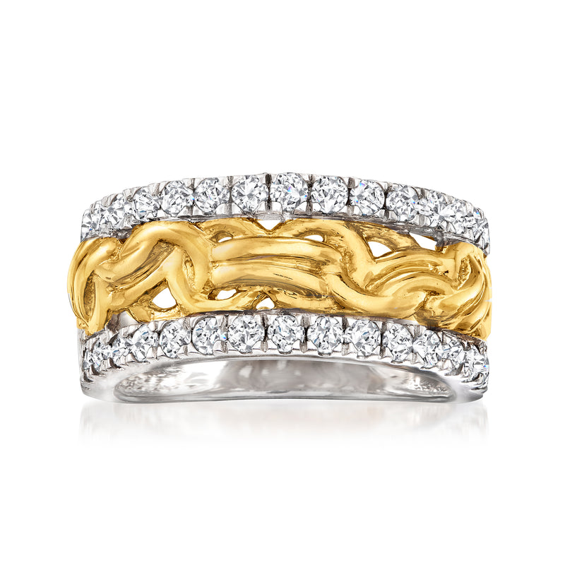 Two-tone sterling silver diamond Byzantine band ring with gold top, round-cut stones