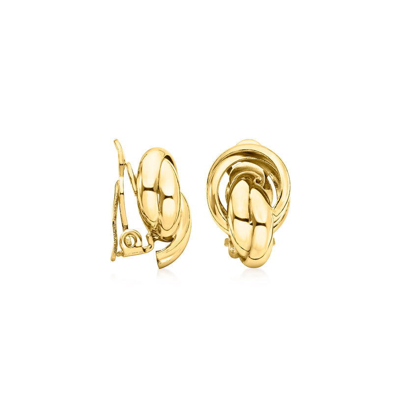 Gold-tone knot clip-on earrings, visible clasp and hinge on back