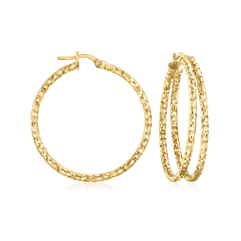 Gold double-hoop diamond-cut earrings, textured oval hoops