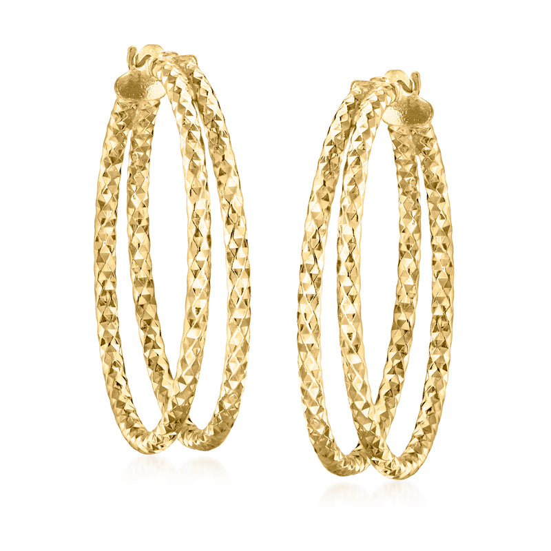 Gold diamond-cut double hoop earrings with twin twisted-texture loops