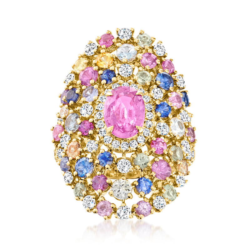 18kt yellow gold oval pink sapphire ring with multicolored sapphires and diamond accents