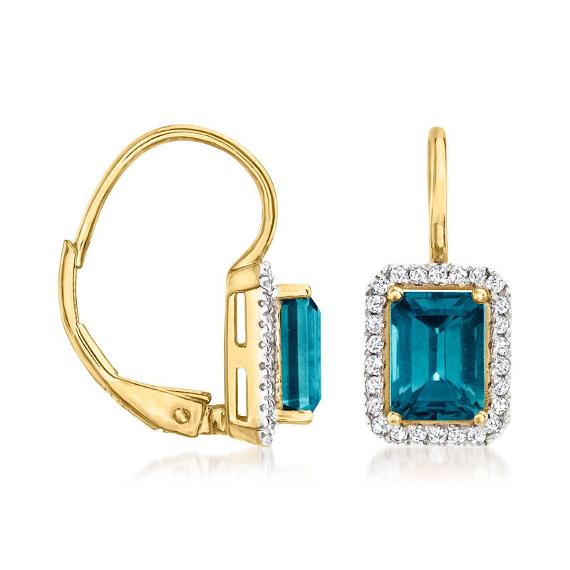 14kt yellow gold leverback drop earrings with blue topaz square stone and diamond halo