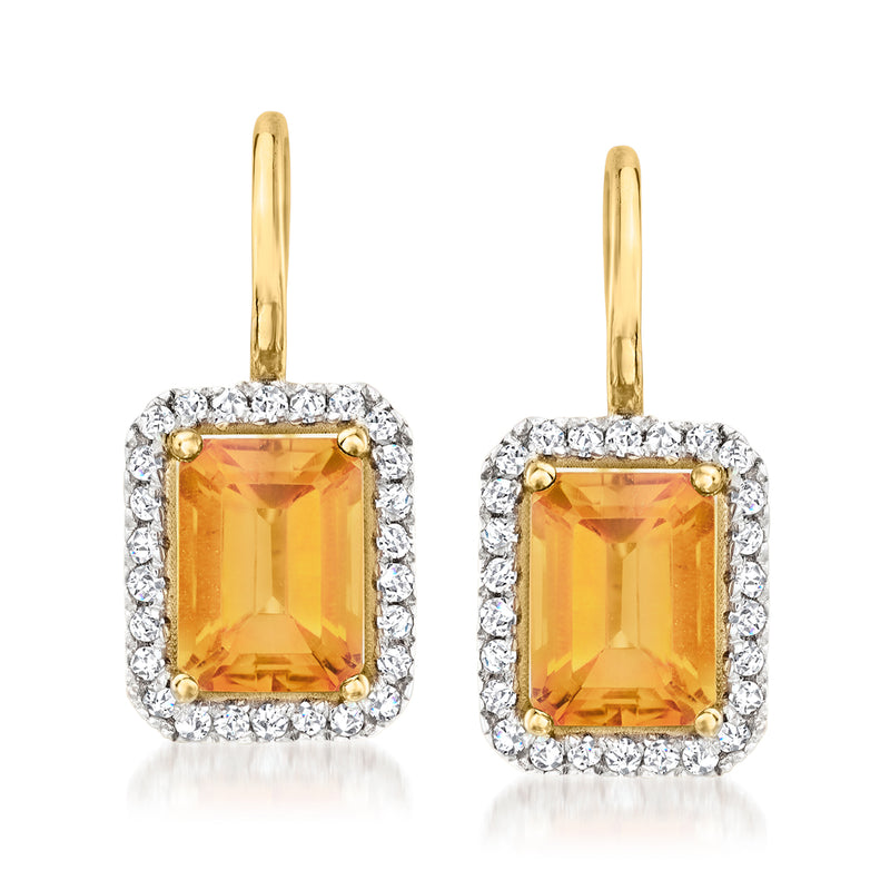 14kt yellow gold citrine drop earrings with diamond halo, leverback closures