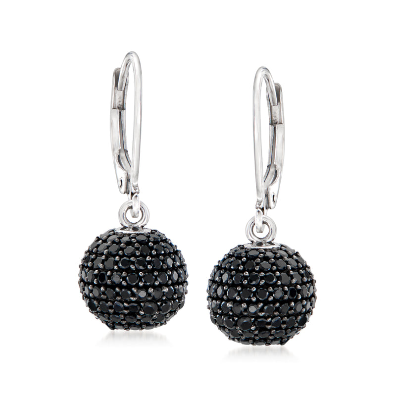 Black spinel ball drop earrings in sterling silver with leverback, round dark beads