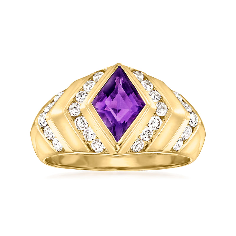 14kt yellow gold vintage ring with faceted amethyst center and diamond side accents
