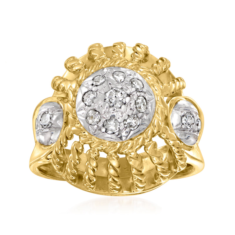 Vintage two-tone gold diamond cluster ring with oval halo and side diamond accents