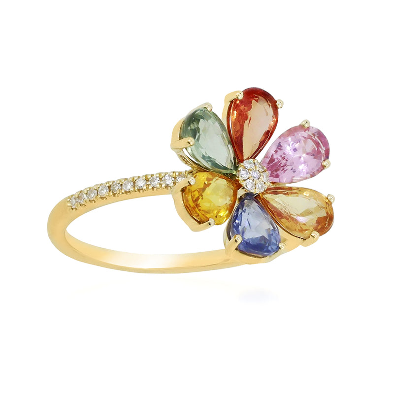 18kt yellow gold flower ring with multicolored sapphires and round diamonds accents