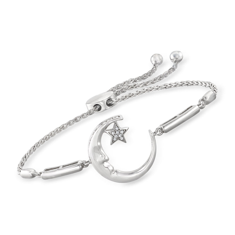 Sterling silver bolo bracelet with crescent moon and star charm, adjustable chain ends