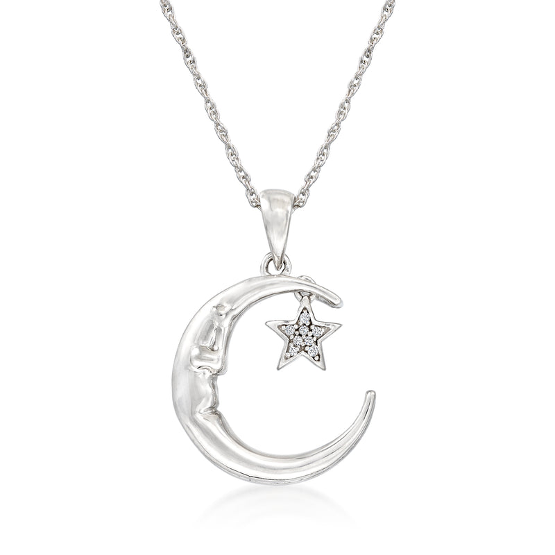 Sterling silver moon and star pendant necklace with small crystal-like accents