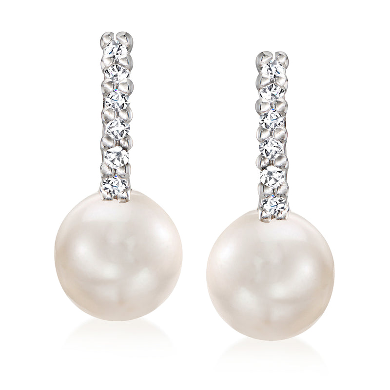 Sterling silver huggie hoop earrings with 8mm cultured pearl drops and CZ accents