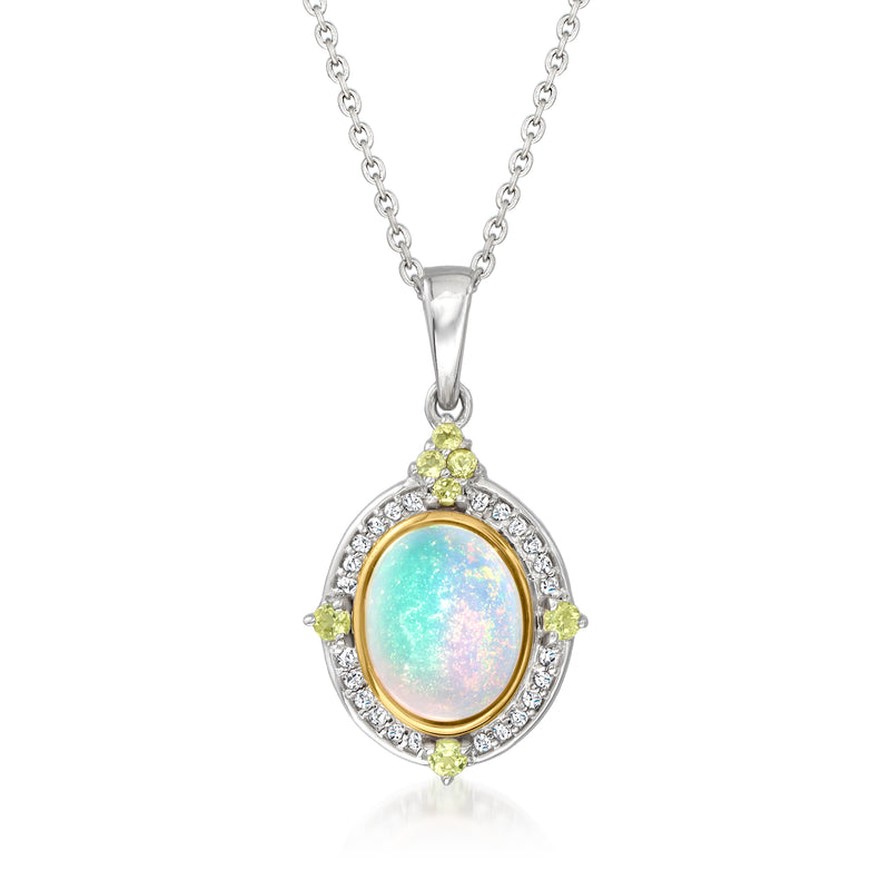 Sterling silver pendant necklace with oval opal, diamond halo, peridot and gold accents
