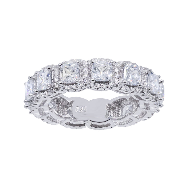 Sterling silver eternity band with oval CZ stones, polished metal, prong setting