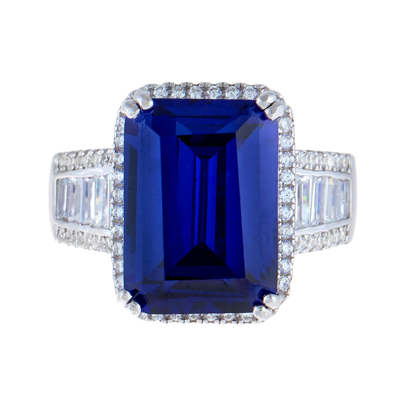 Sterling silver simulated tanzanite ring, large blue center stone with CZ halo