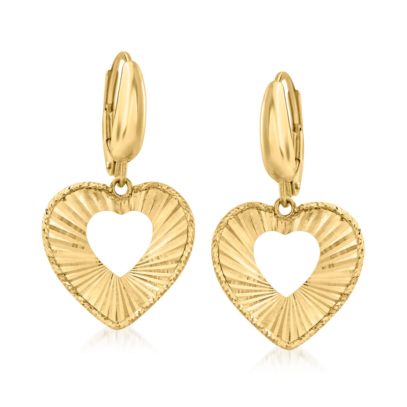 14kt yellow gold heart drop earrings with textured sunburst design and leverback closure