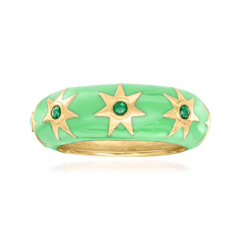 Green enamel star ring with gold tone star bezels and small emerald green stones