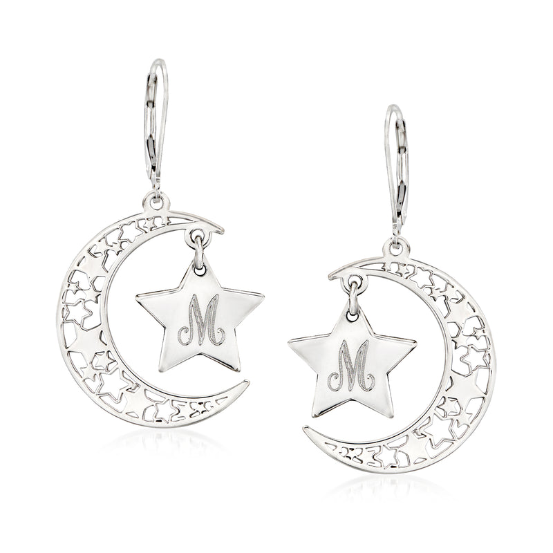 Sterling silver openwork moon and star drop earrings with initial M, leverback style