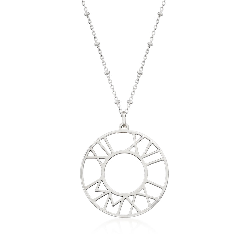 Sterling silver circular pendant necklace with open Roman numeral disc design