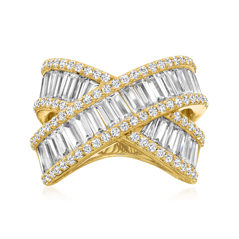 18kt gold over sterling CZ crossover ring with baguette and round stones