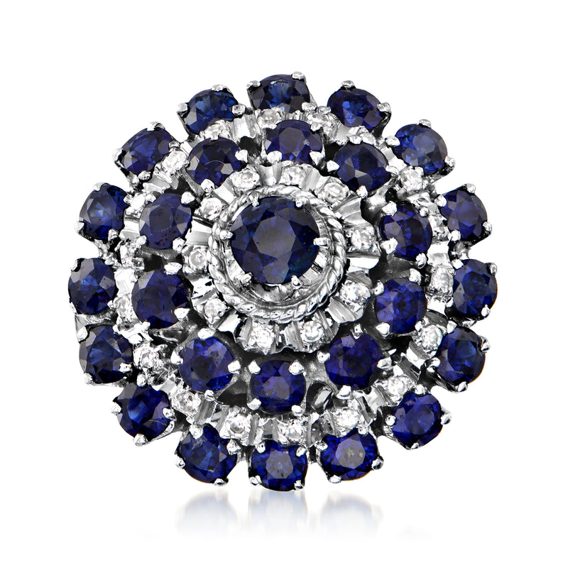 Sterling silver vintage swirl ring with blue sapphire cluster and diamond accents