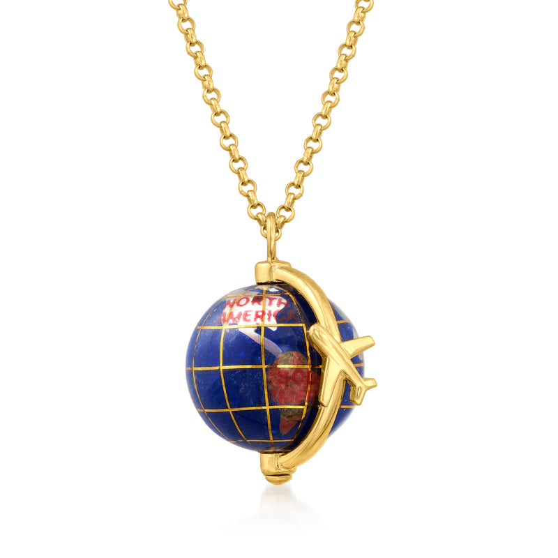 Gold-tone globe pendant necklace with blue grid map and star-shaped charm
