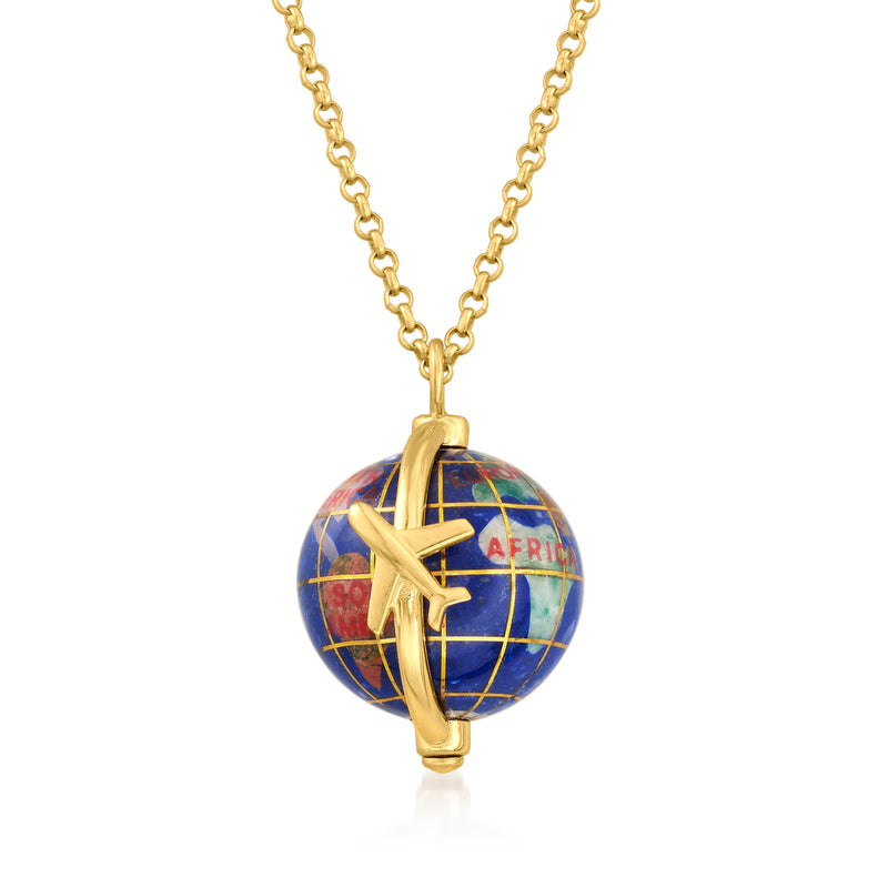 Gold-tone globe pendant necklace with multi-color map design and winged star charm