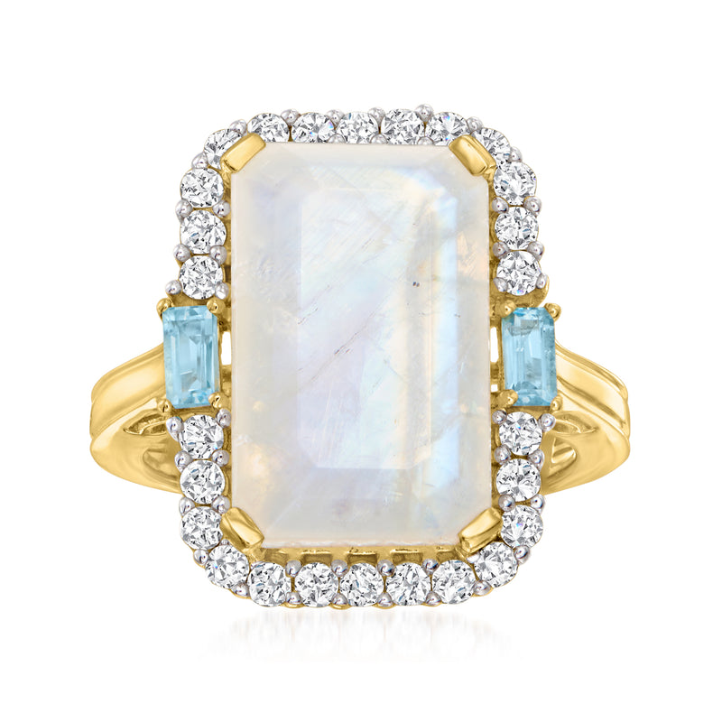 18k gold over sterling ring with rectangular moonstone center, diamond halo and blue side stones