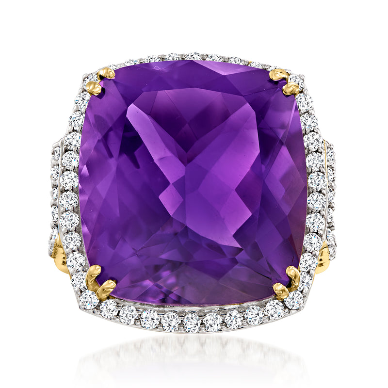 Amethyst and diamond halo ring in 14kt yellow gold, cushion-cut purple center with gold prongs
