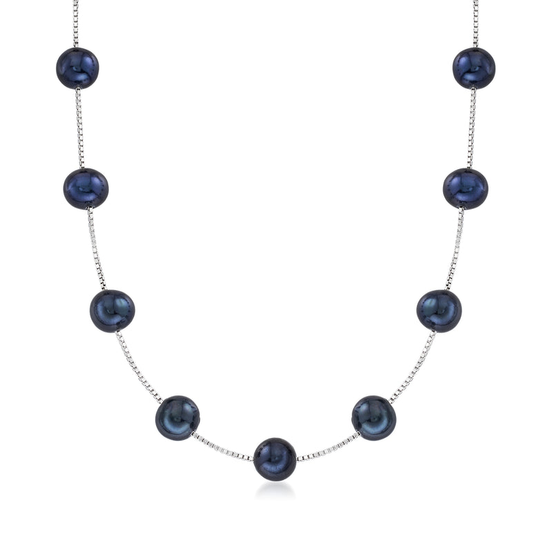 Sterling silver station necklace with dark cultured pearls