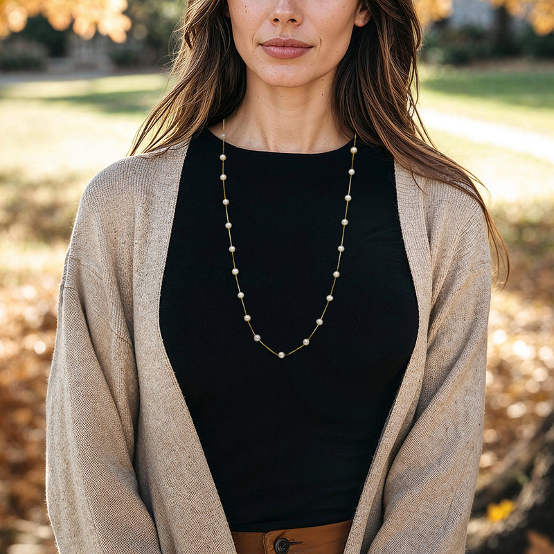 Gold over sterling pearl station necklace with evenly spaced cultured pearls