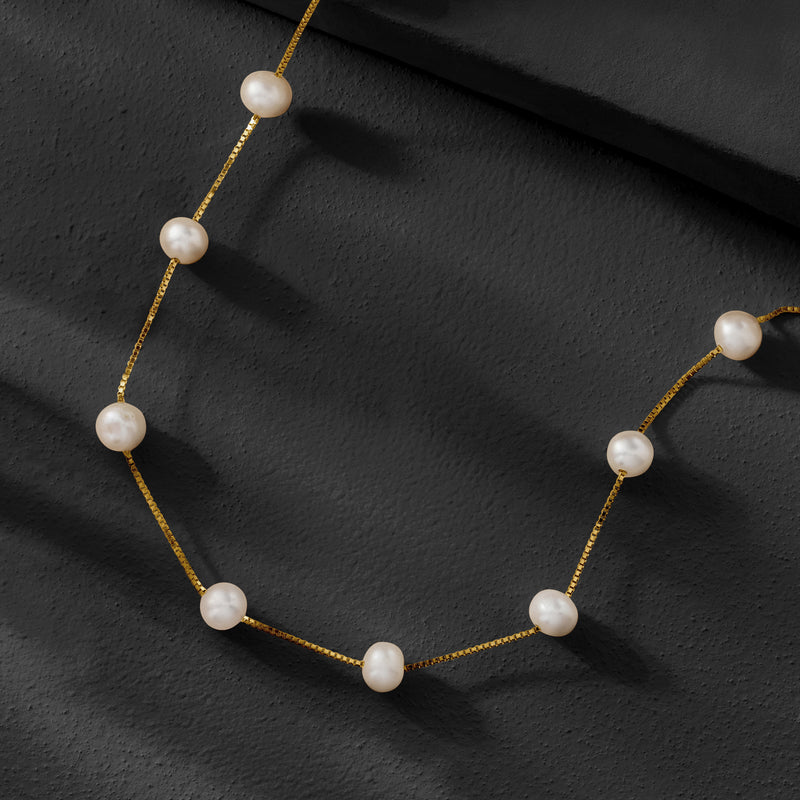 Cultured pearl station necklace with round pearls and thin gold chain