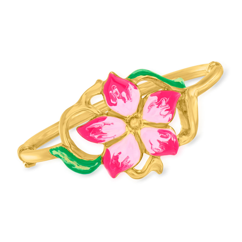Gold bangle bracelet with multicolored enamel flower petals in pink and green