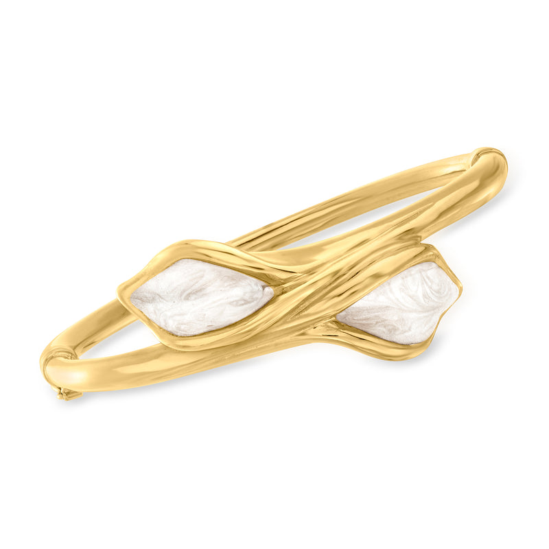 Gold over sterling bangle bracelet with white enamel calla lily motif