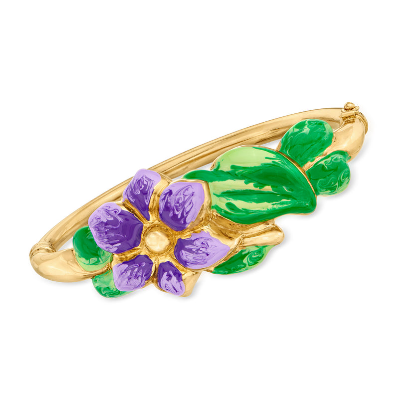 Gold-tone enamel flower bangle bracelet with green and purple petals, hinged oval cuff