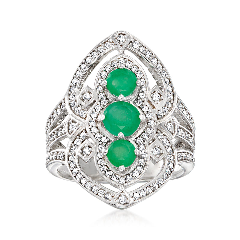 Sterling silver open-space ring with three green oval stones and diamond accents