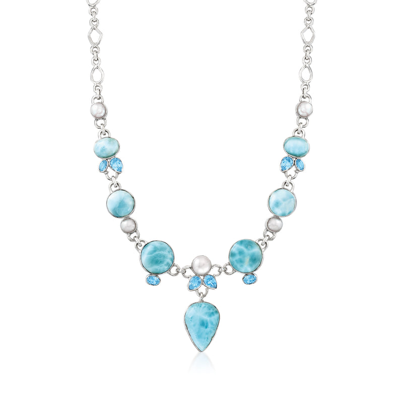 Sterling silver necklace with blue gemstones, cultured pearls, and a teardrop drop pendant