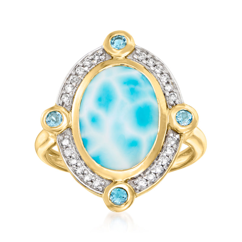 14kt yellow gold ring with oval Swiss blue topaz center, diamond halo, blue topaz sides