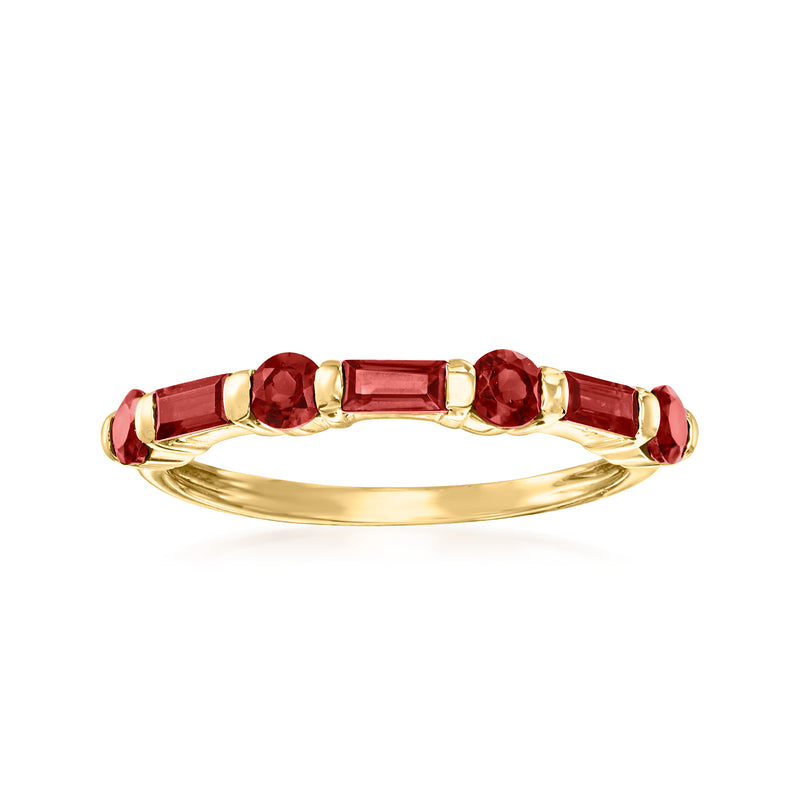 14kt yellow gold garnet ring with baguette and round red stones, slim band