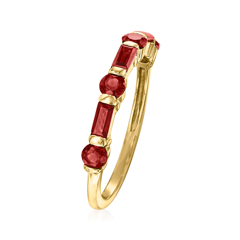 14kt yellow gold garnet ring, side view with baguette and round red stones