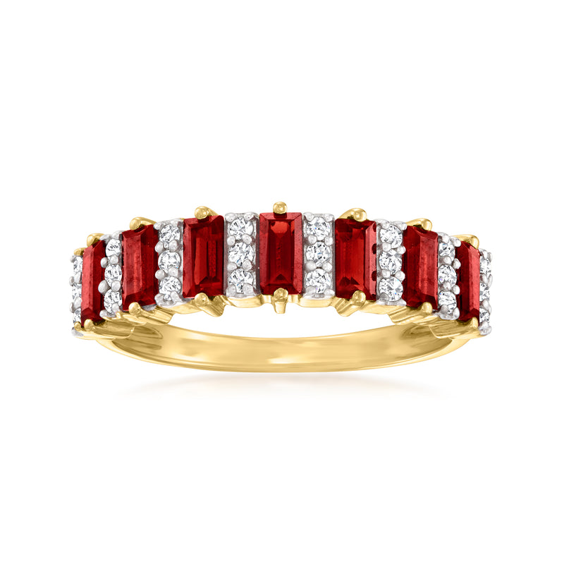 14kt yellow gold ring with red garnet and white diamond accents in a row setting