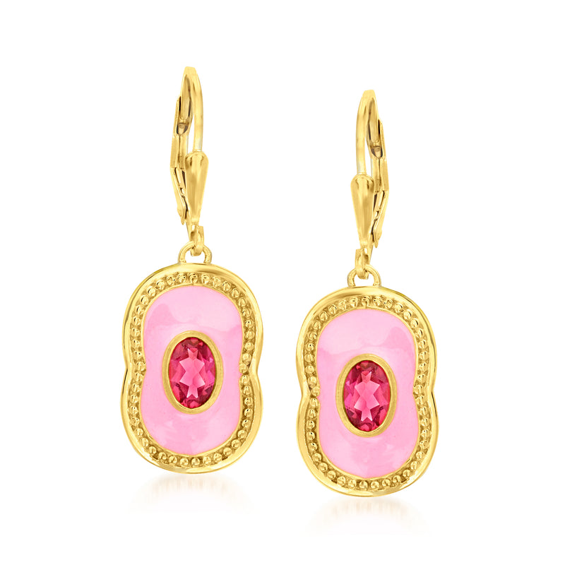 18kt gold over sterling drop earrings with pink enamel oval and pink gemstone dangle
