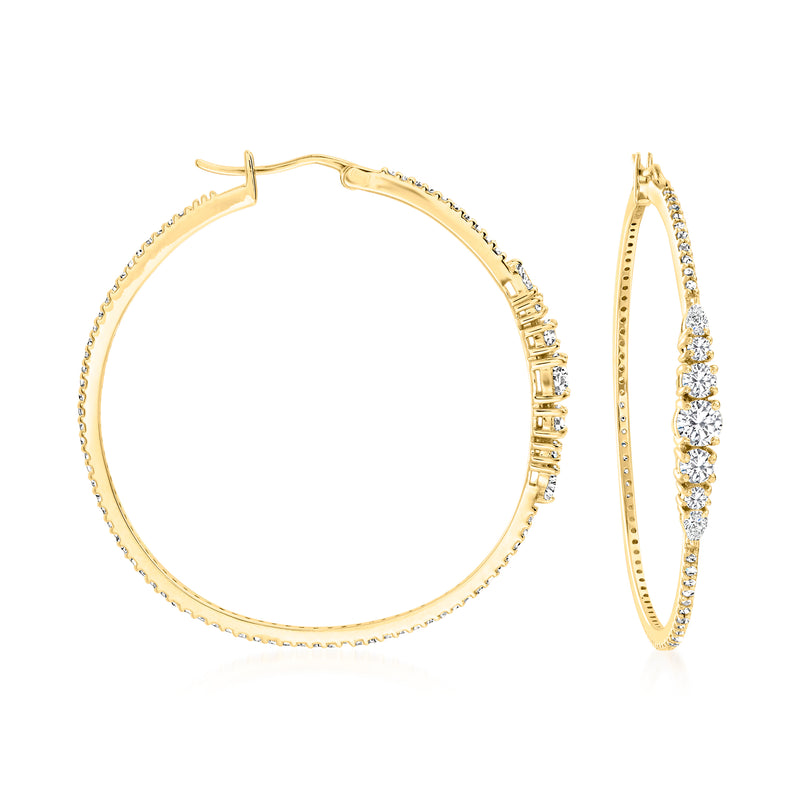 Gold CZ hoop earrings with pave stones, hinged hoop design