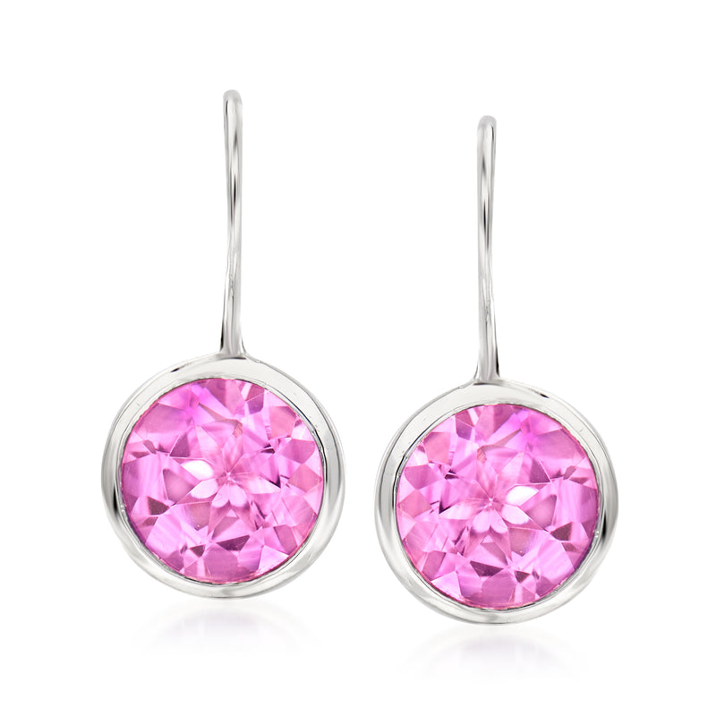 Sterling silver leverback drop earrings with round pink topaz gemstone, hinged hooks