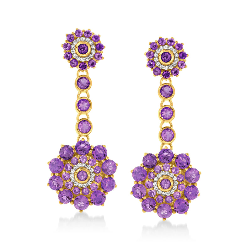 Gold flower drop earrings with purple amethyst stones and white zircon accents