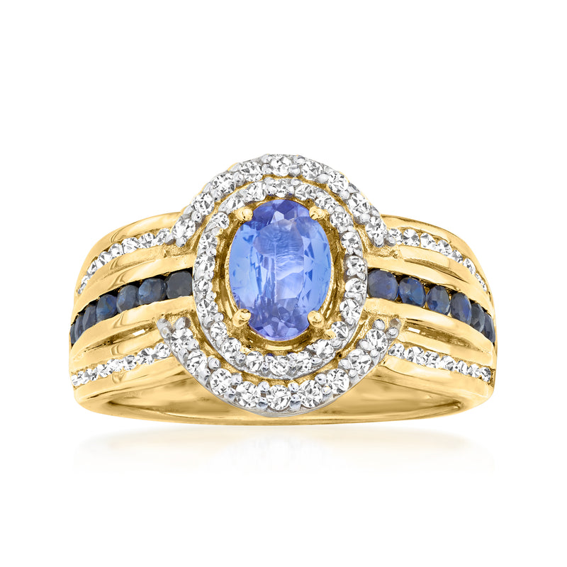 18kt gold over sterling oval blue gemstone ring with white zircon halo and side sapphires