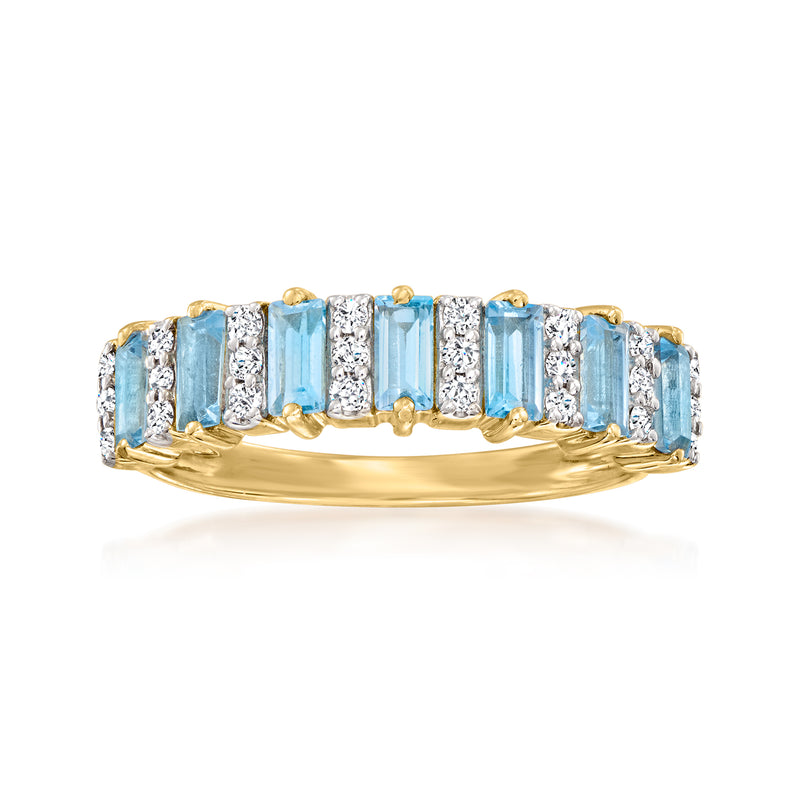 14kt yellow gold ring with Swiss blue topaz and small round diamonds, baguette set